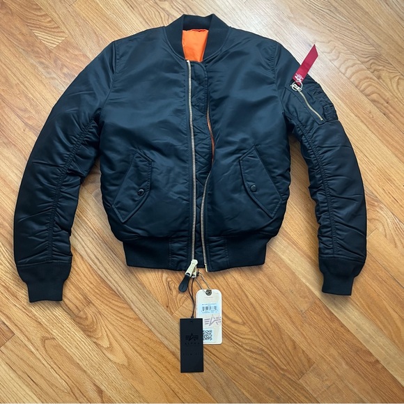 Alpha Industries Black Bomber Jacket with Orange Lining Reversible XS